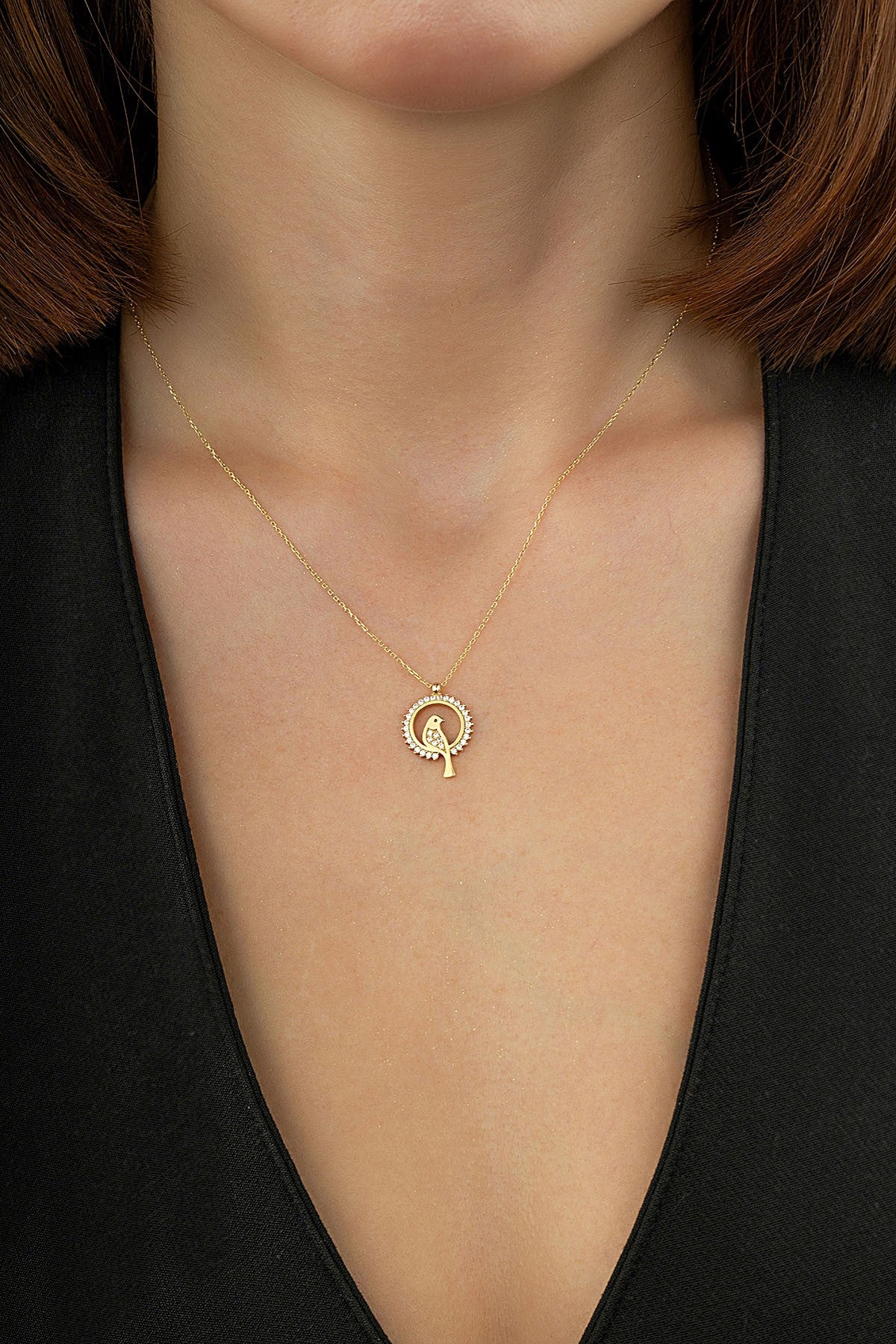14K Stone-Set Bird Motif Gold Necklace