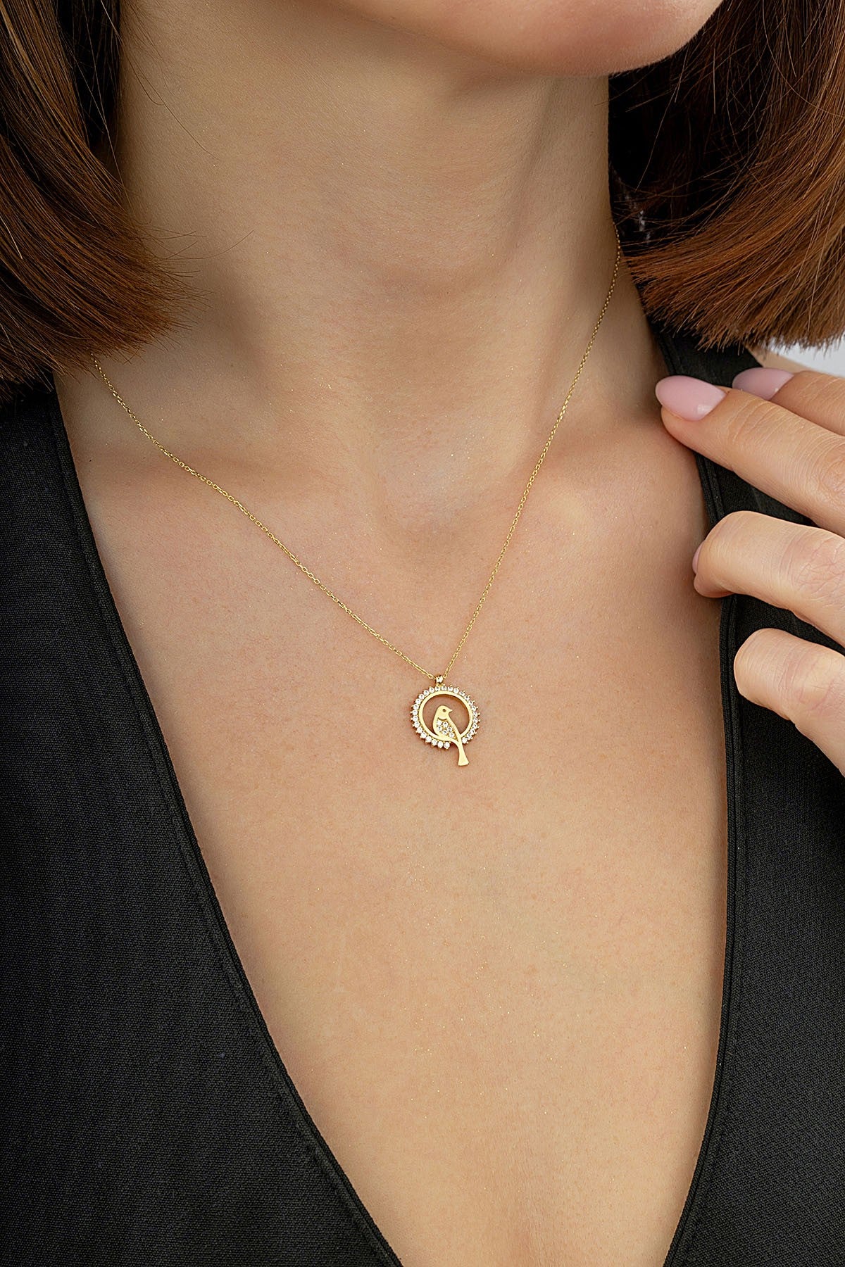 14K Stone-Set Bird Motif Gold Necklace