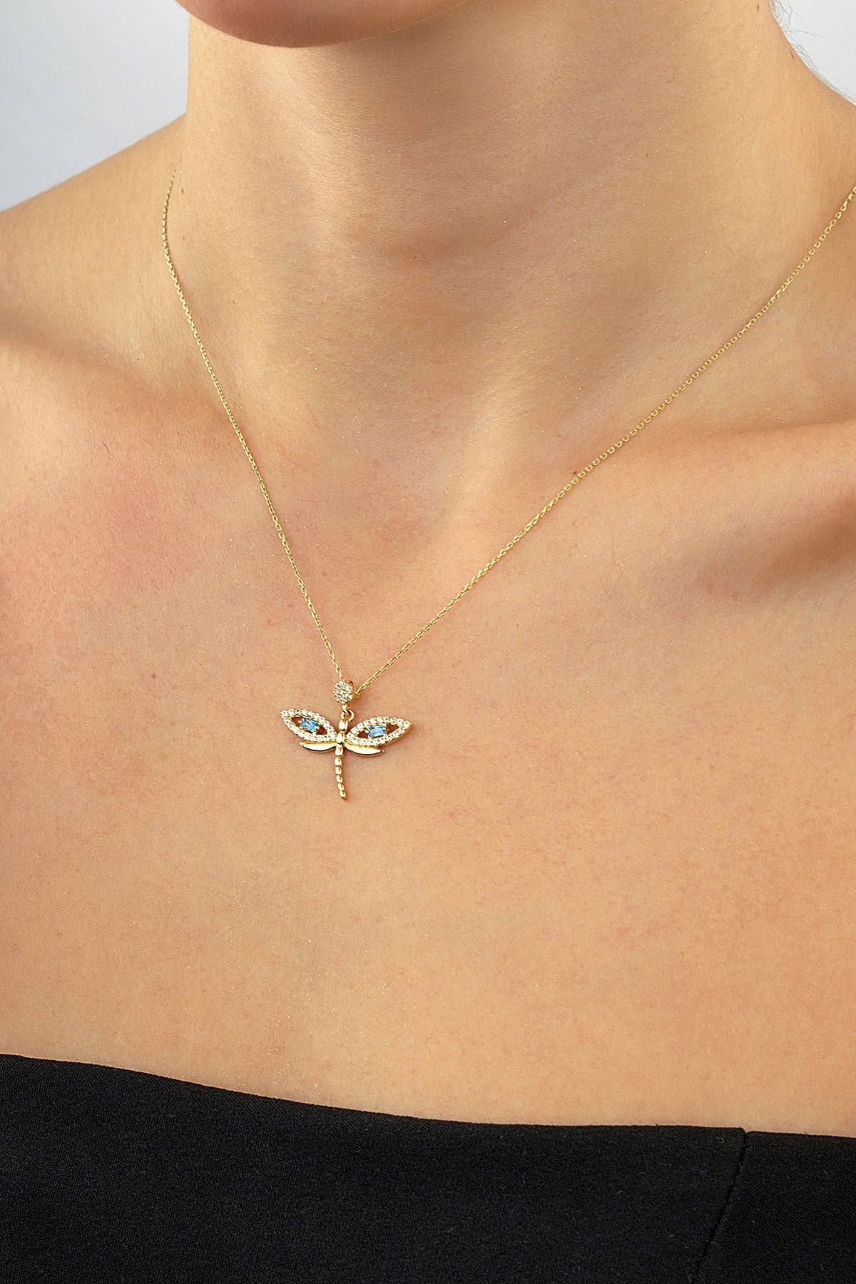14K Stone-Set Dragonfly Gold Necklace