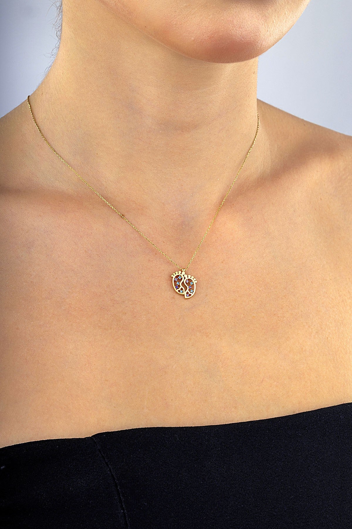 14K Stone-Set Baby Foot Motif Gold Necklace