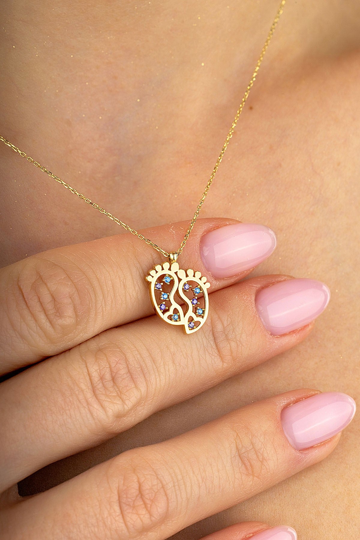 14K Stone-Set Baby Foot Motif Gold Necklace