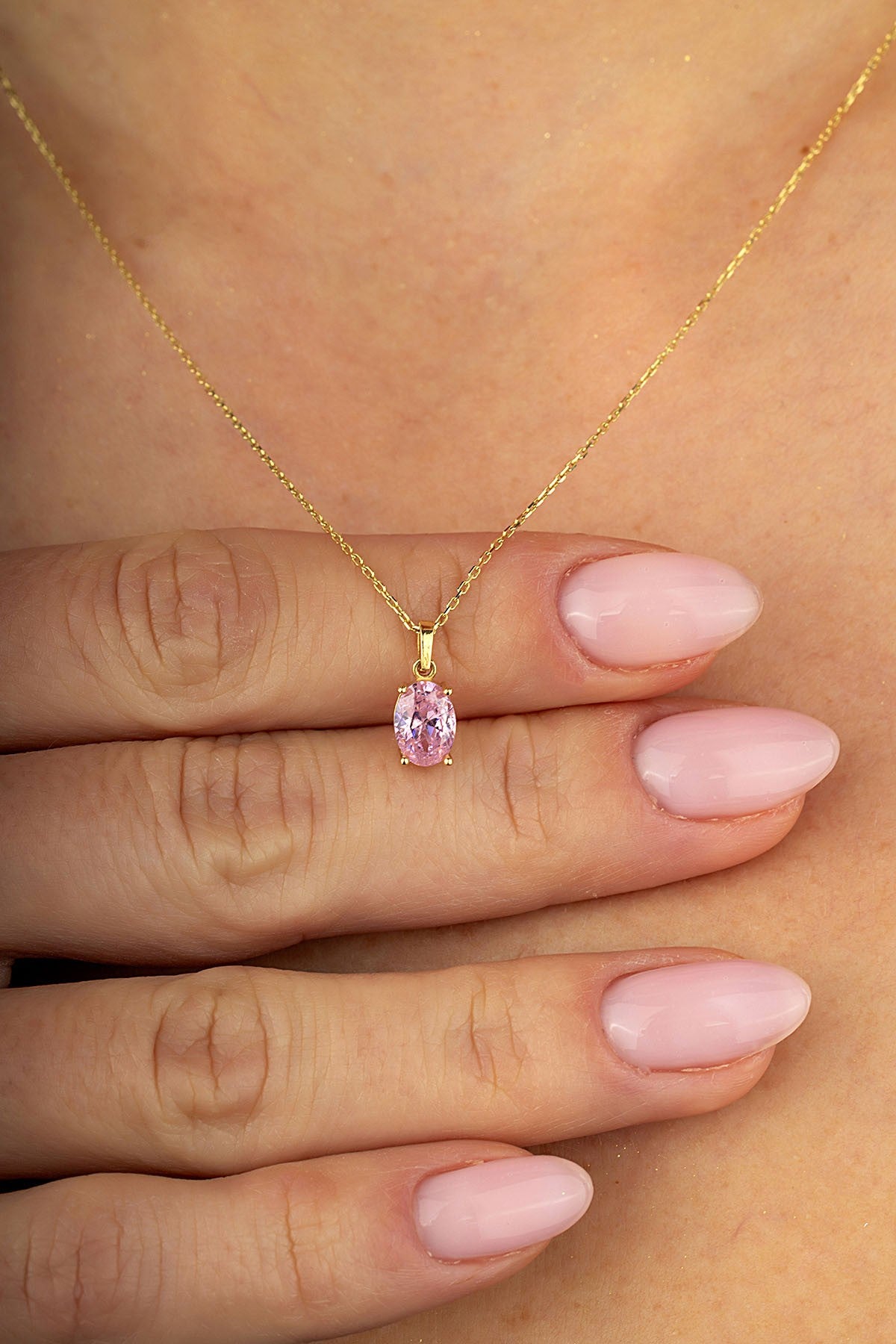 14K Pink Oval Stone-Set Gold Necklace