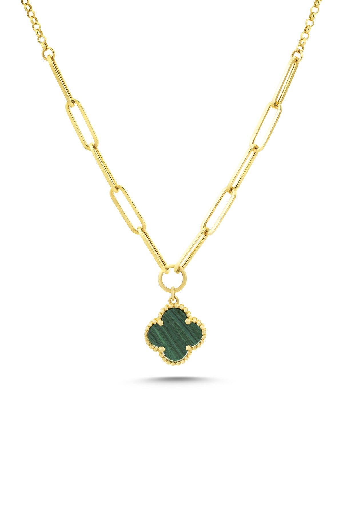 14K Paperclip Detail Green Clover Gold Necklace Main image