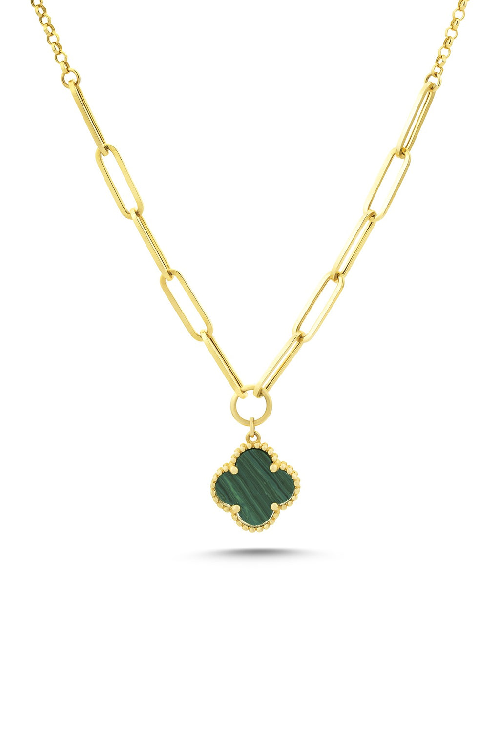 14K Paperclip Detail Green Clover Gold Necklace