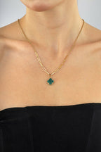 14K Paperclip Detail Green Clover Gold Necklace