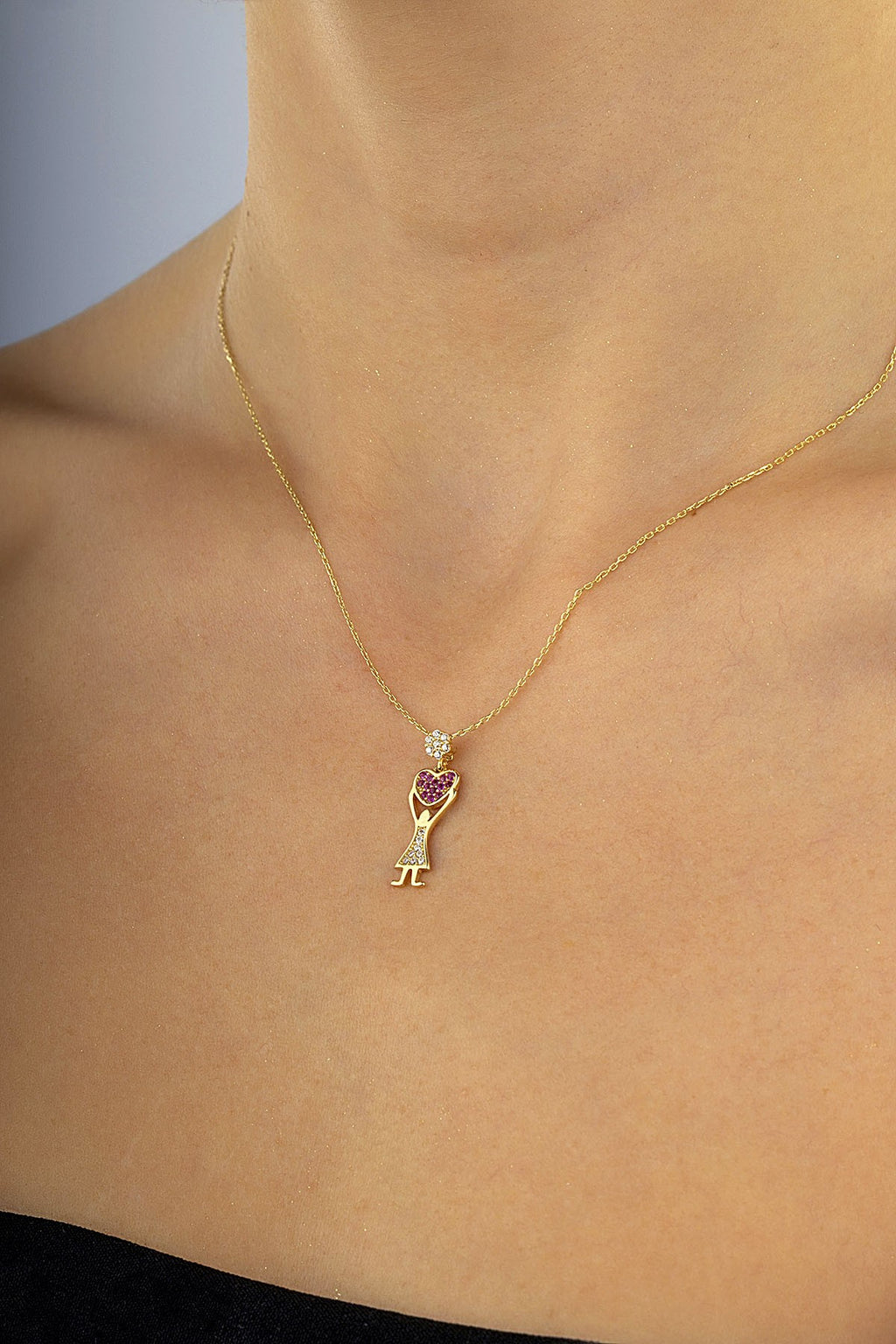 14K Stone-Set Heart Motif Gold Necklace