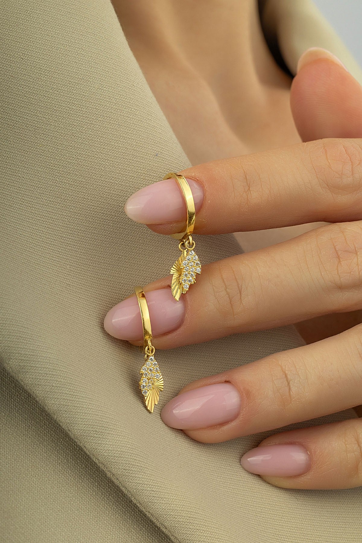 14K Stone-Set Leaf Gold Earrings