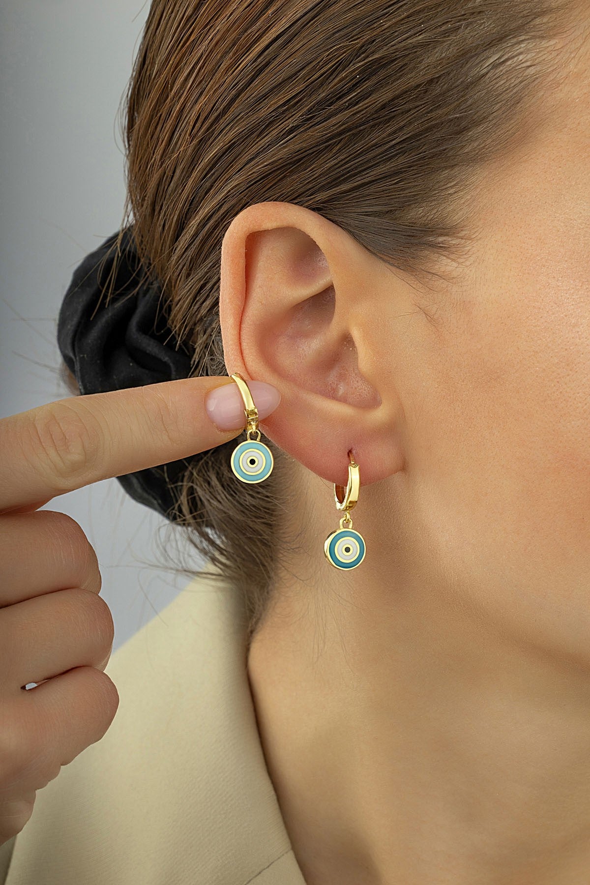 14K Drop Turquoise Evil Eye Gold Earrings