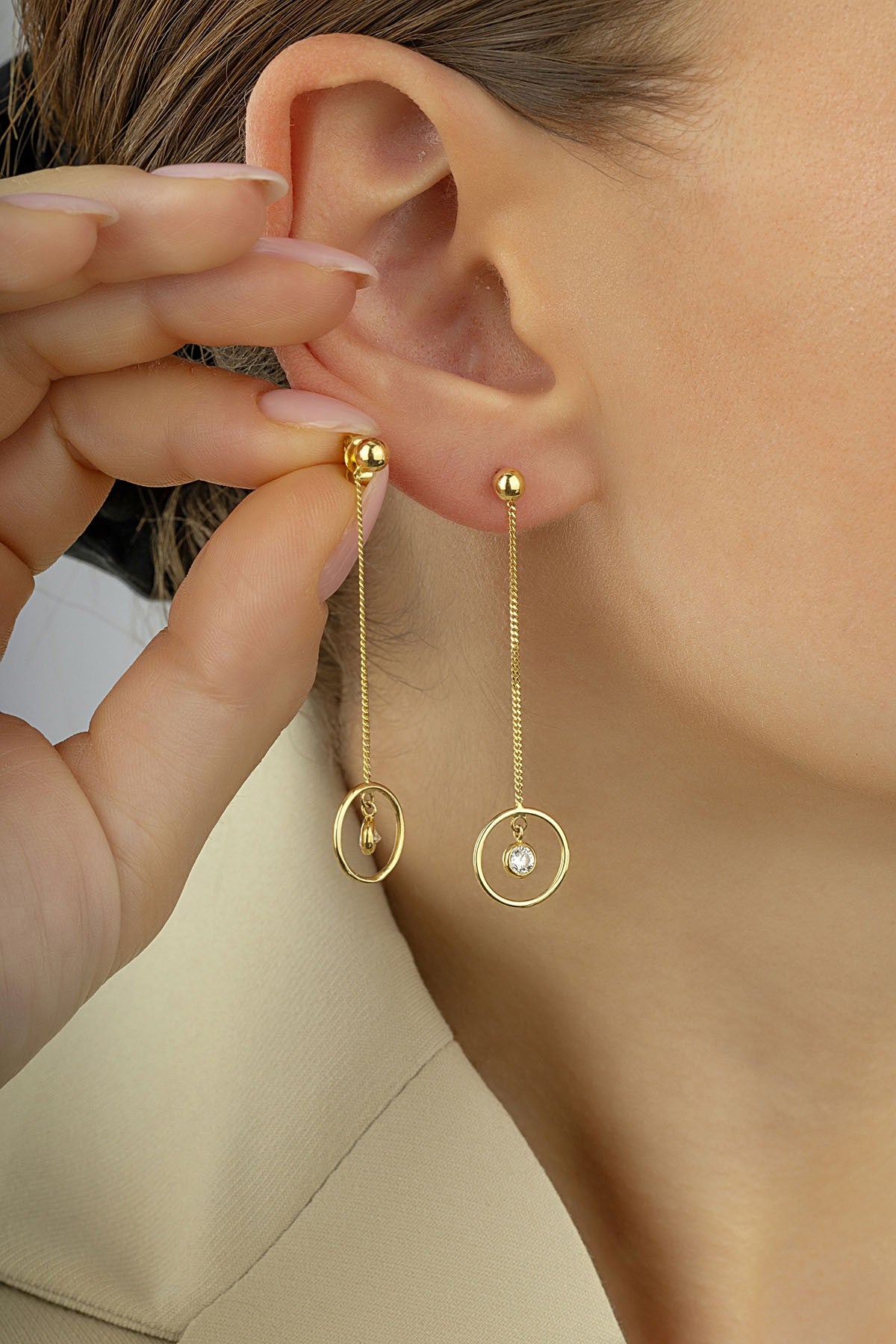 Stone-Set Drop Modern Gold Earrings