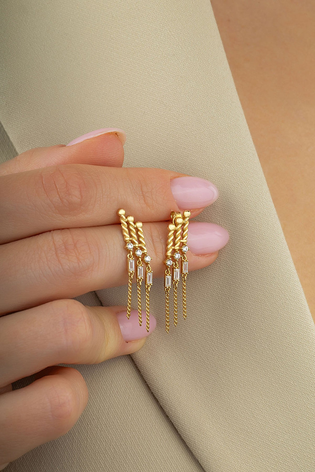 Triple Dangle Stone-Set Gold Earrings