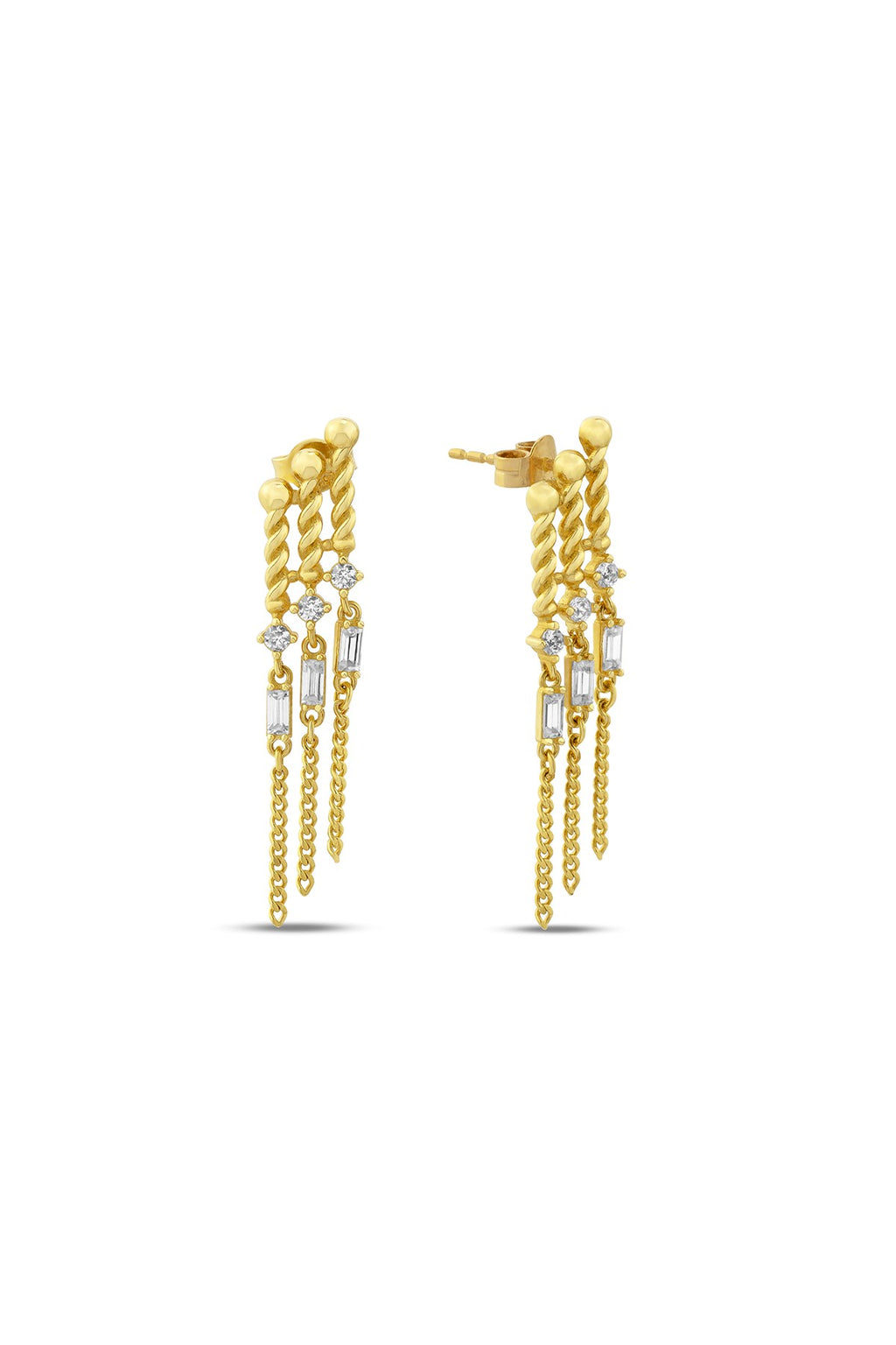 Triple Dangle Stone-Set Gold Earrings