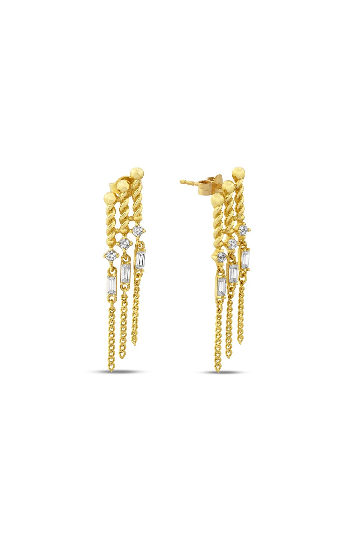 Triple Dangle Stone-Set Gold Earrings