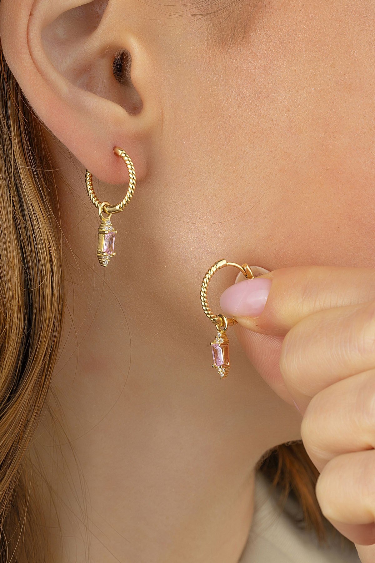 Pink Stone-Set Gold Earrings Secondary image