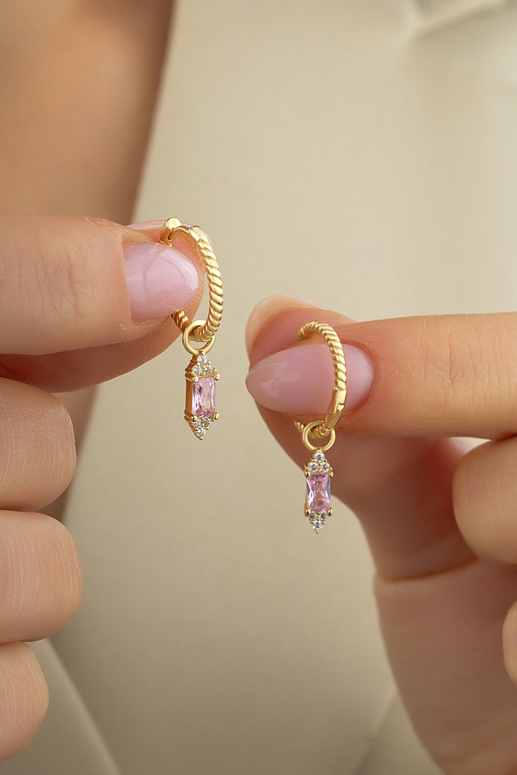 Pink Stone-Set Gold Earrings