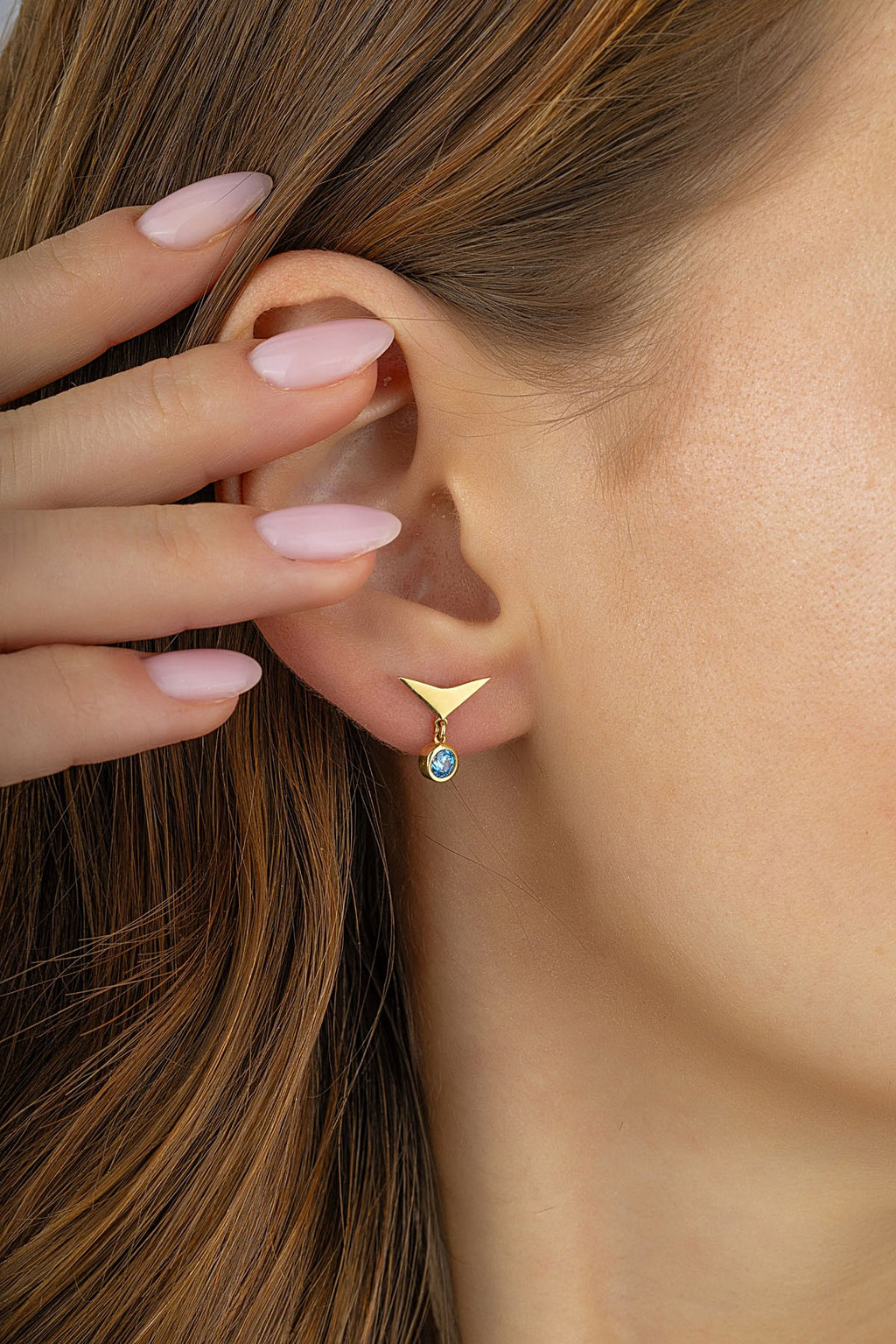Triangle Drop Blue Stone-Set Gold Earrings