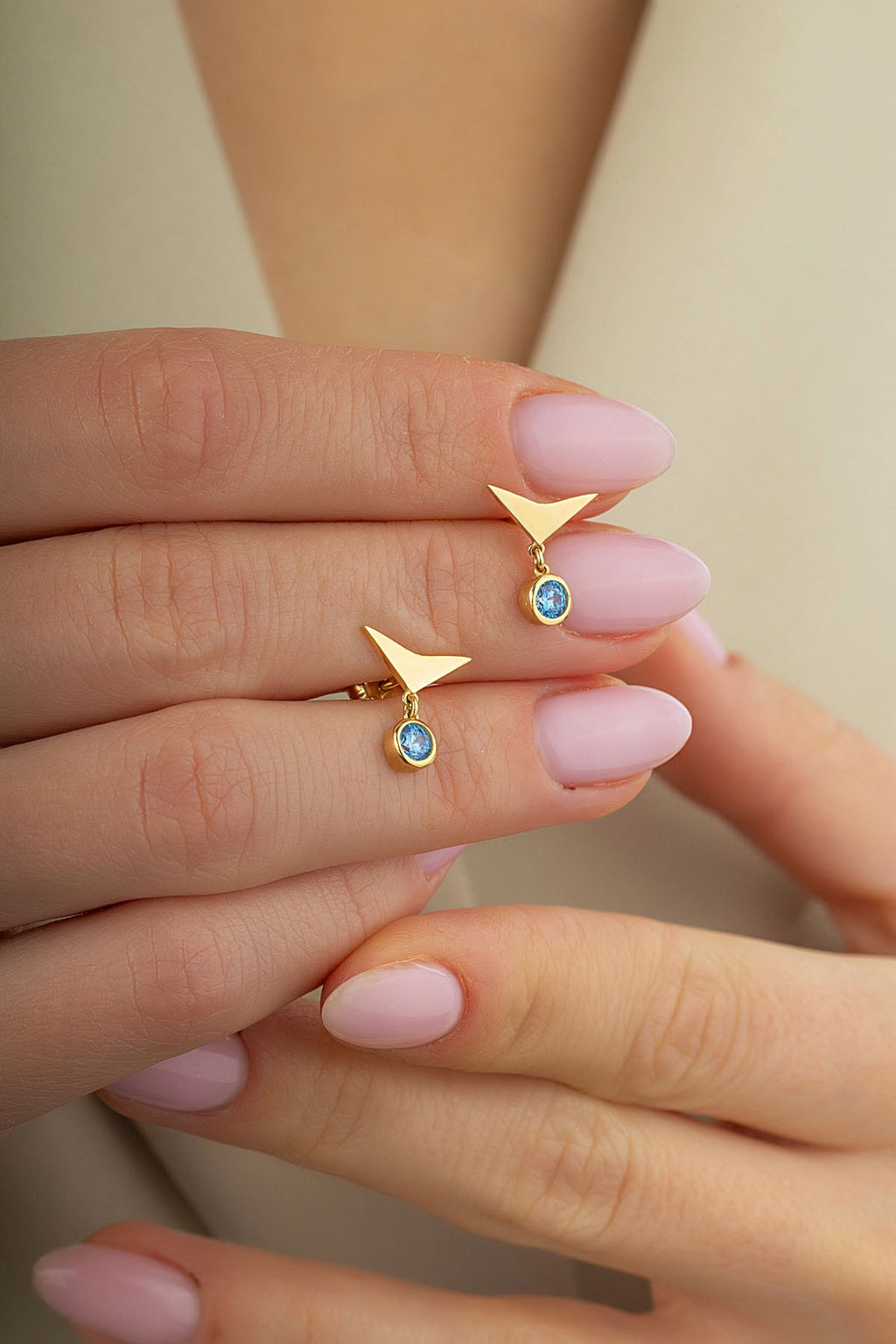 Triangle Drop Blue Stone-Set Gold Earrings