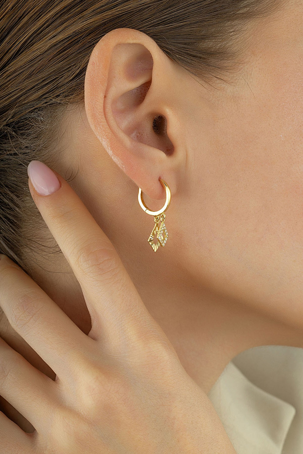 Stone-Set Rectangular Gold Earrings