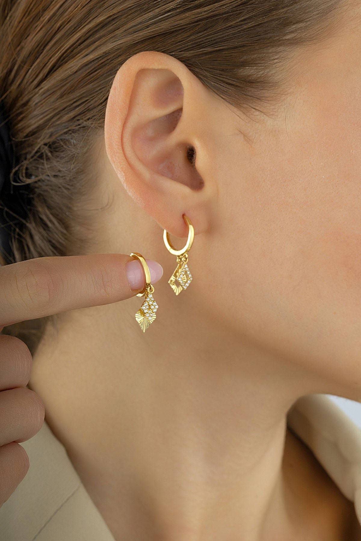 Stone-Set Rectangular Gold Earrings