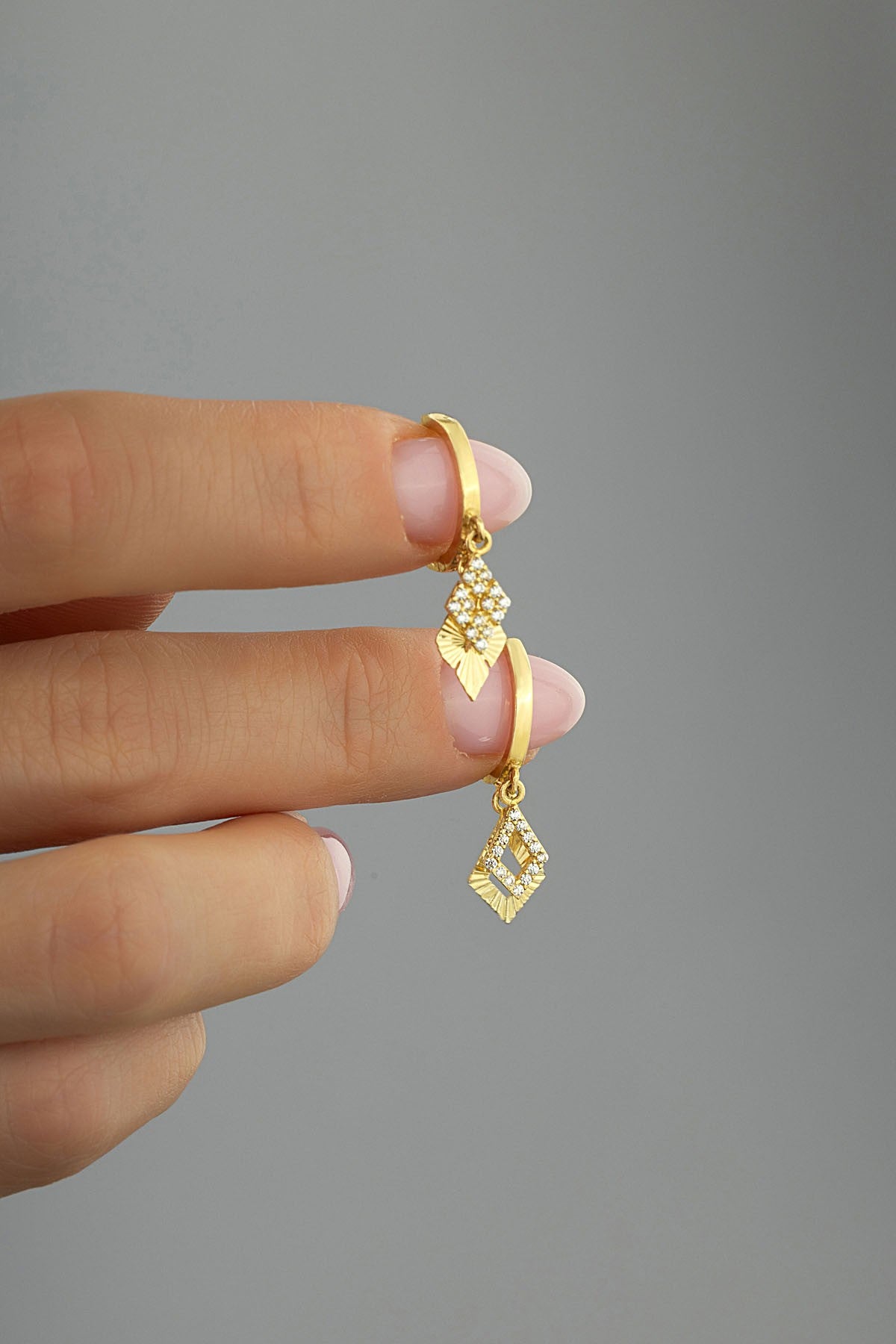 Stone-Set Rectangular Gold Earrings