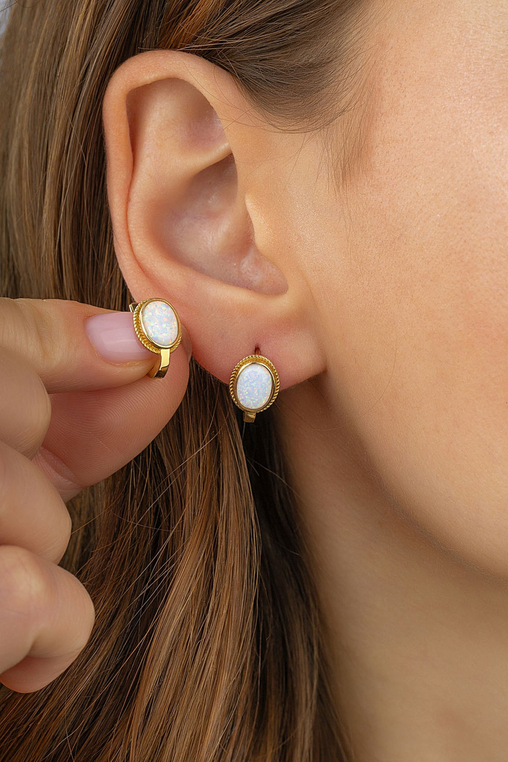Large White Stone-Set Gold Earrings