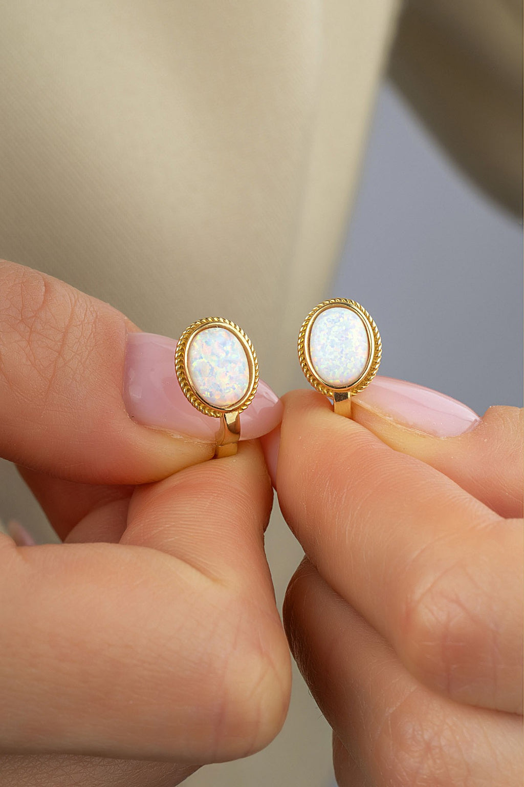 Large White Stone-Set Gold Earrings