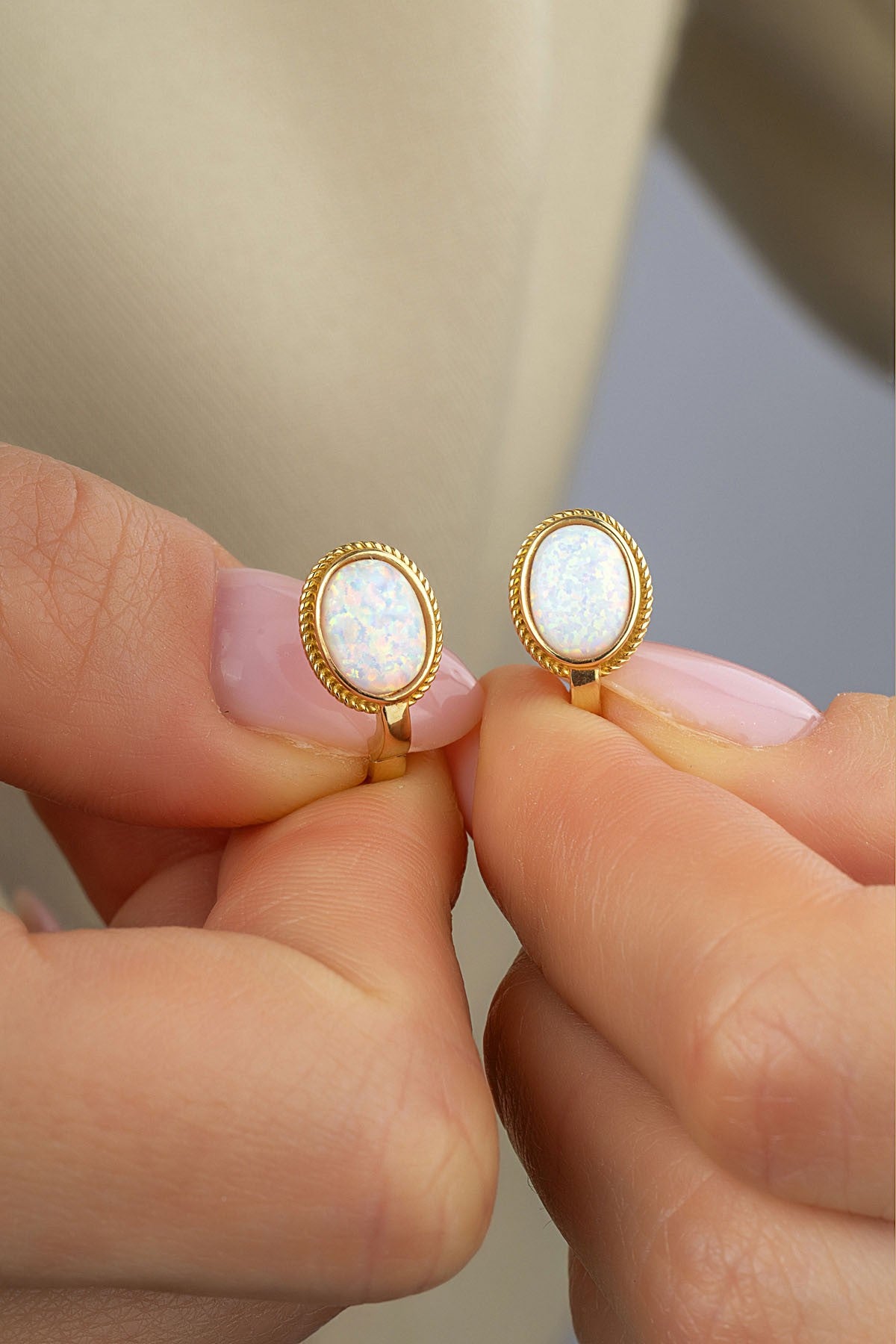 Large White Stone-Set Gold Earrings