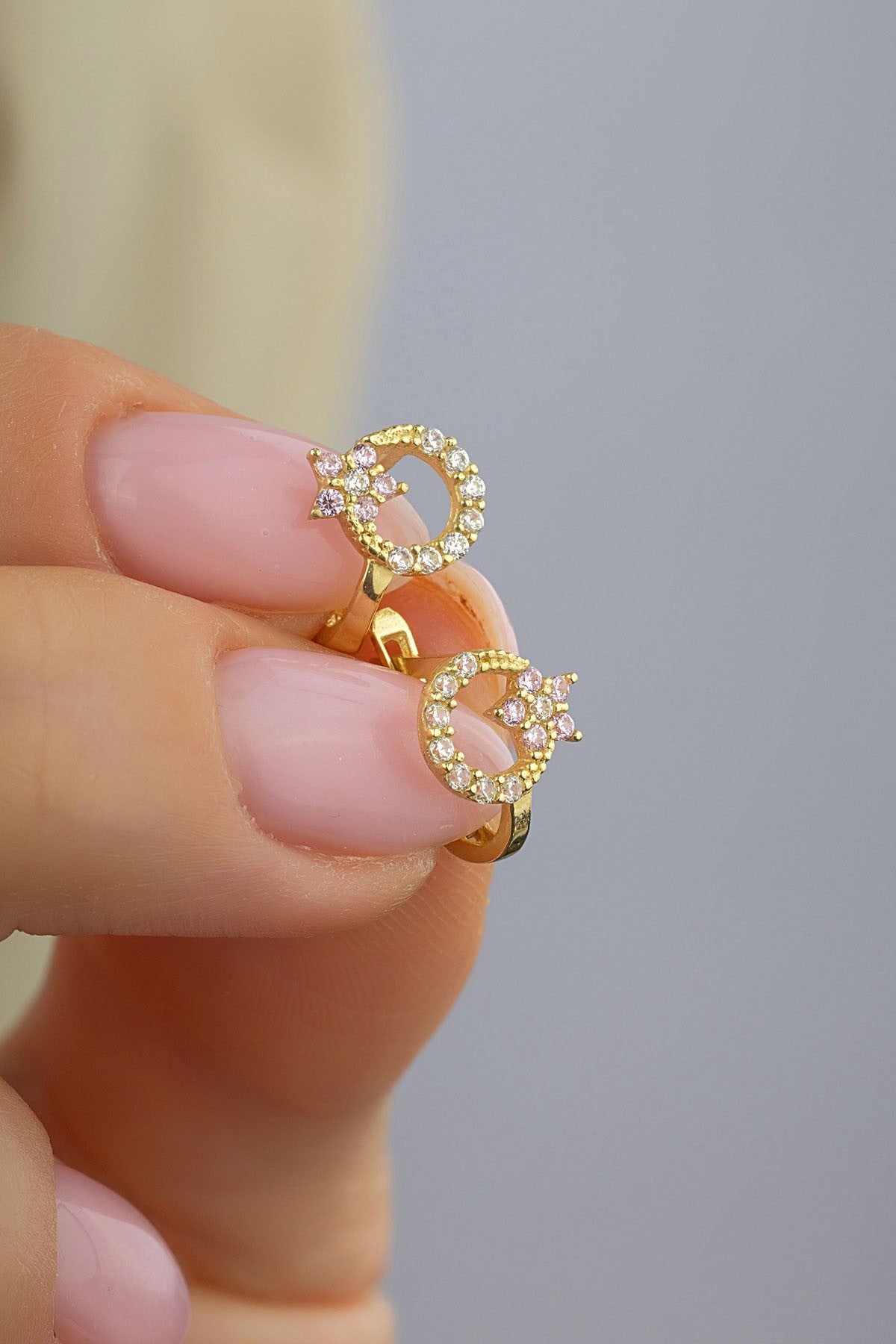Crescent & Star Stone-Set Gold Earrings