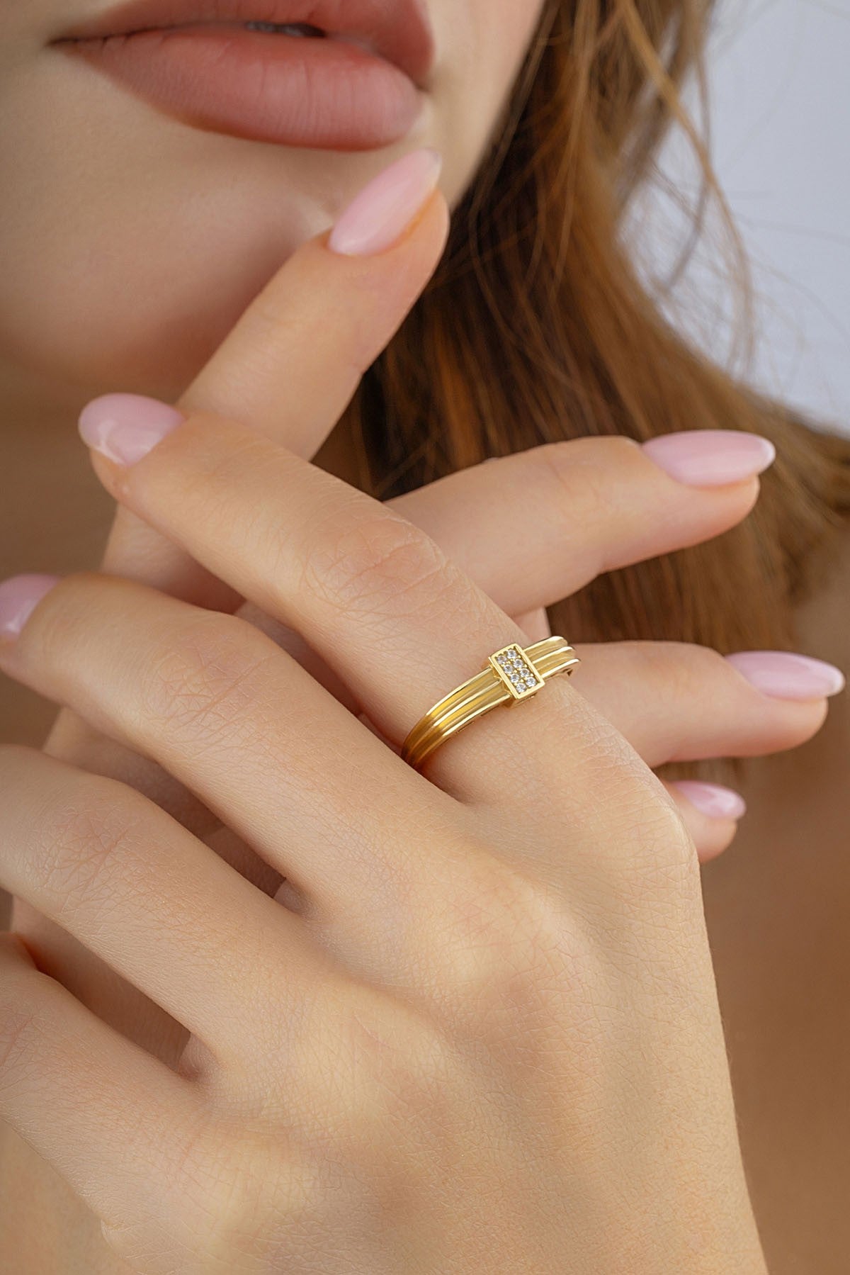 3 Stripe Stone-Set Gold Ring