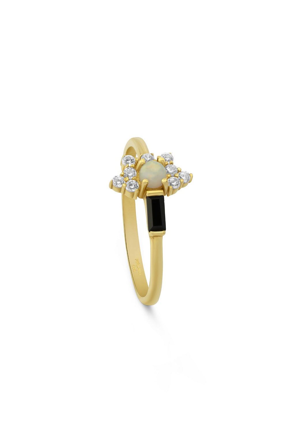 Black Stripe White Stone-Set Gold Ring