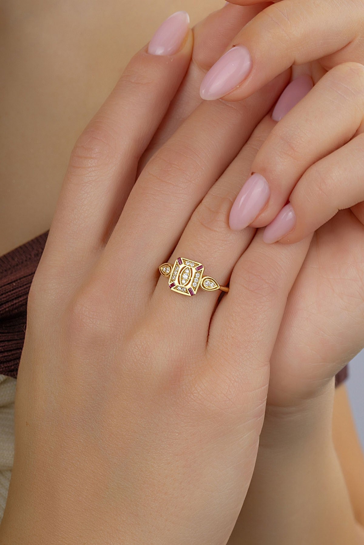 Burgundy White Stone-Set Special Design Gold Ring