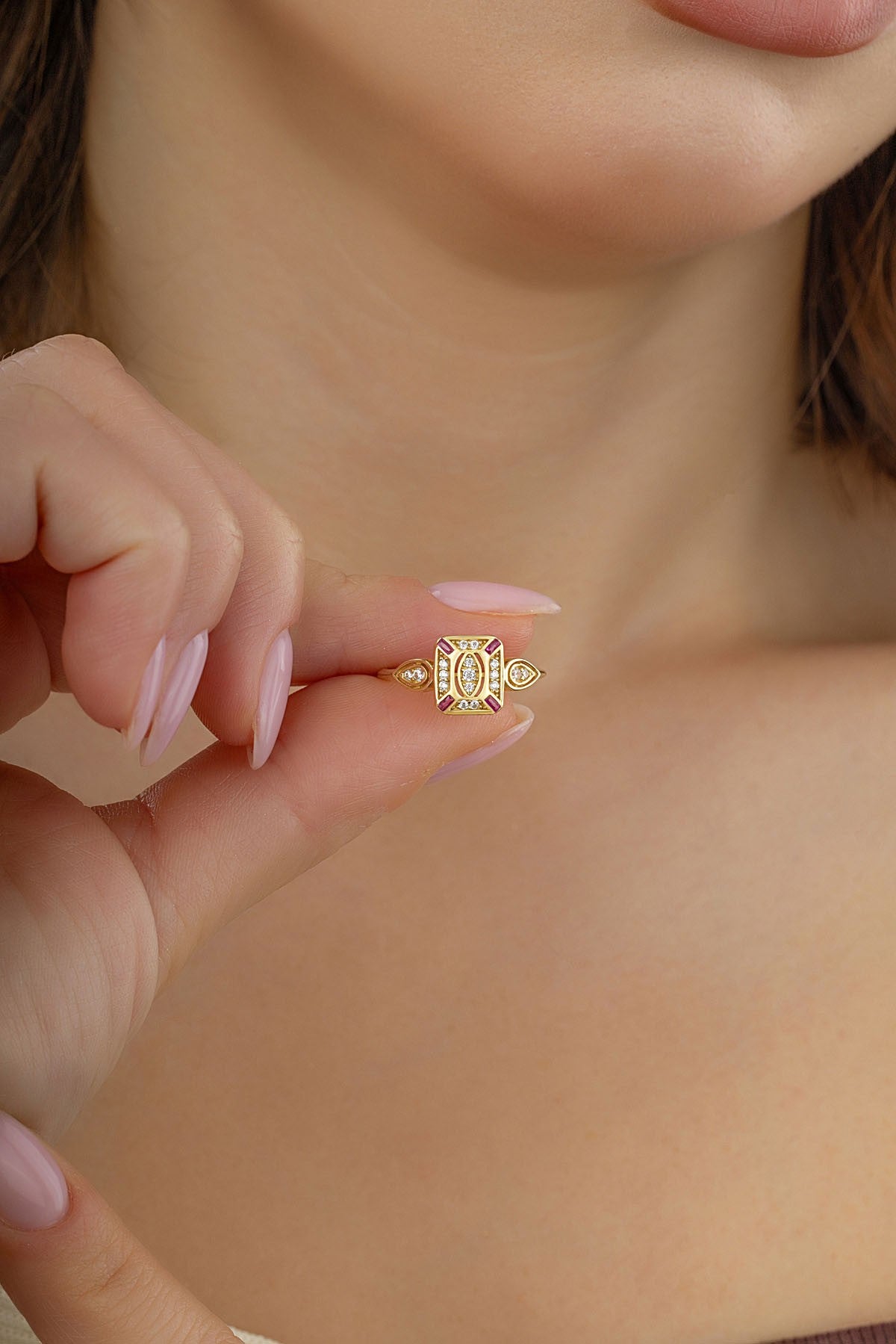 Burgundy White Stone-Set Special Design Gold Ring