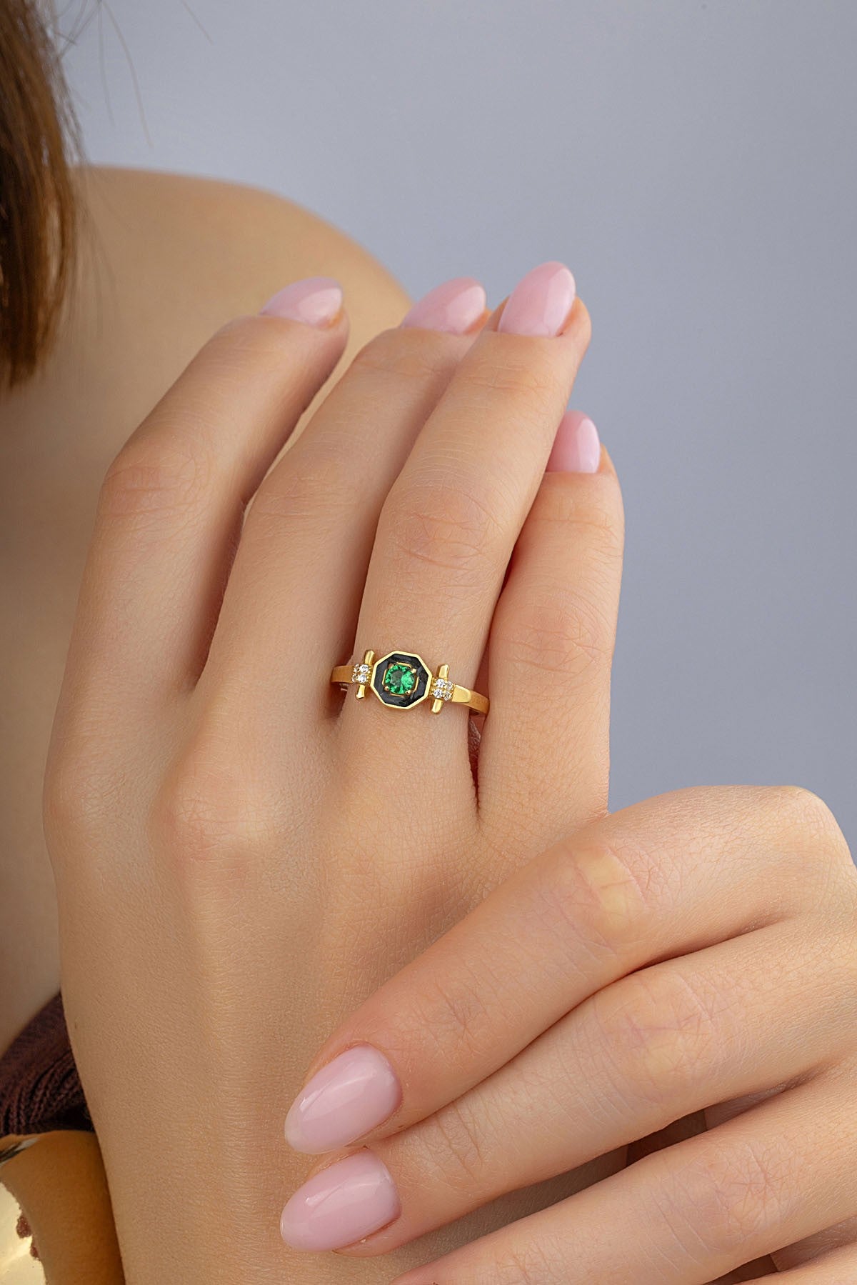 Green Stone Black Frameki Gold Ring Secondary image