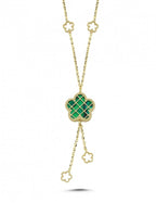 Reversible Green White Floral Drop Gold Necklace
