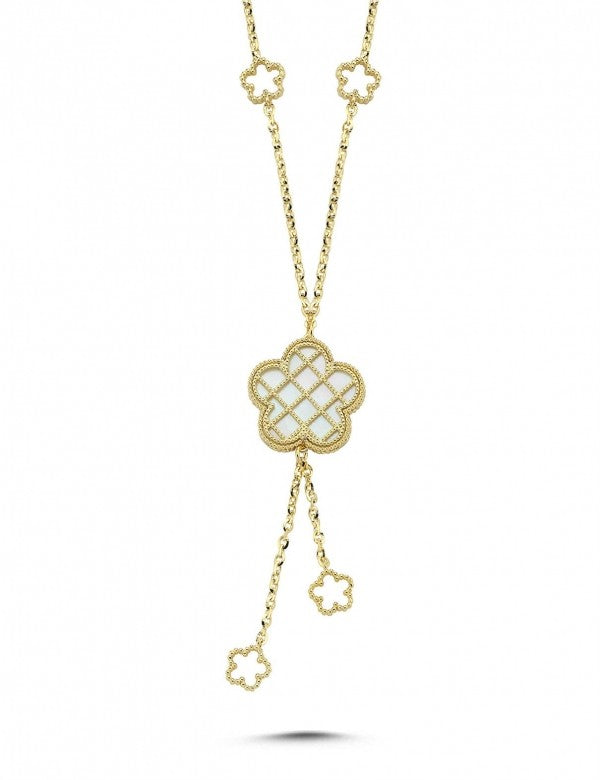 Reversible Green White Floral Drop Gold Necklace
