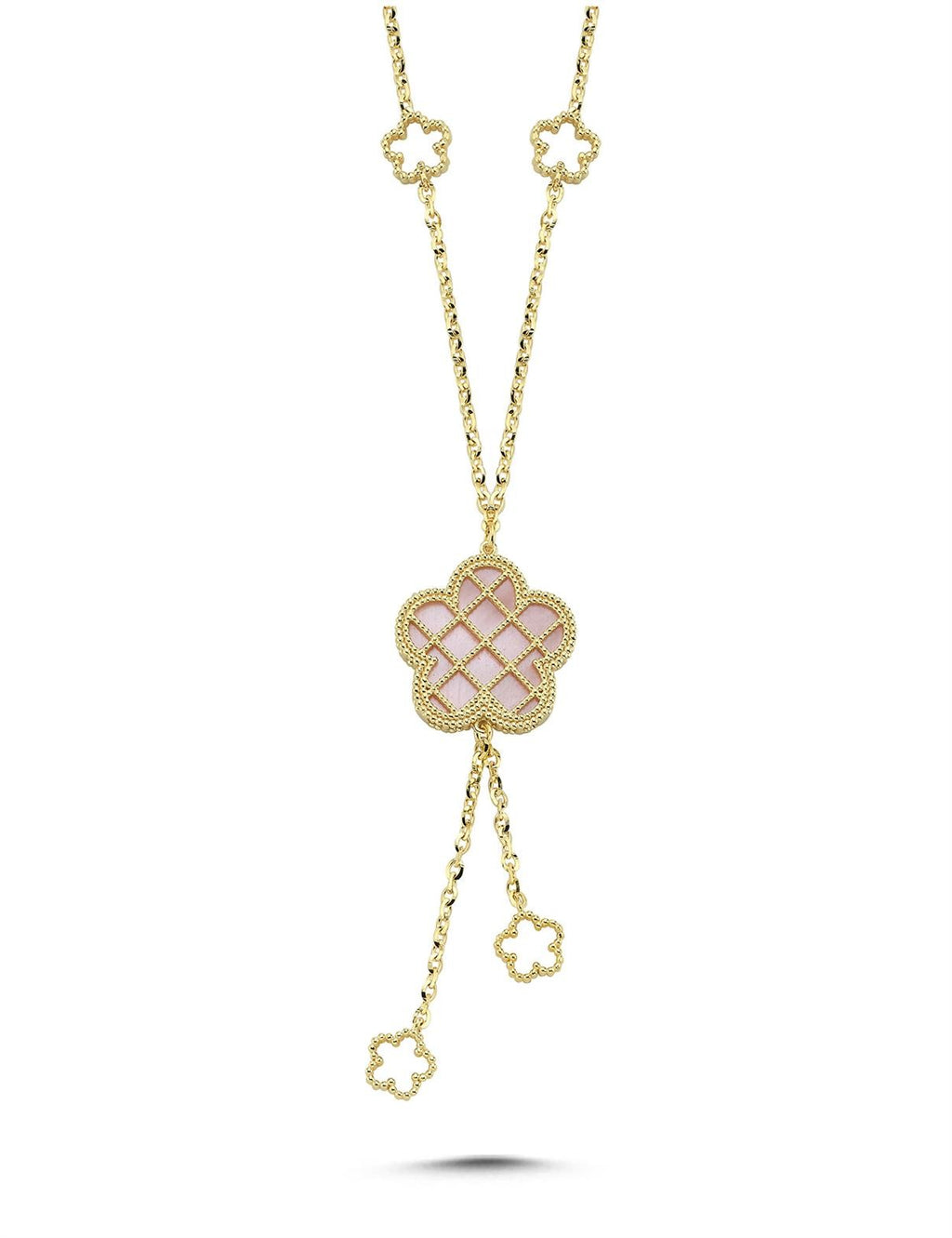 Reversible Pink White Floral Drop Gold Necklace