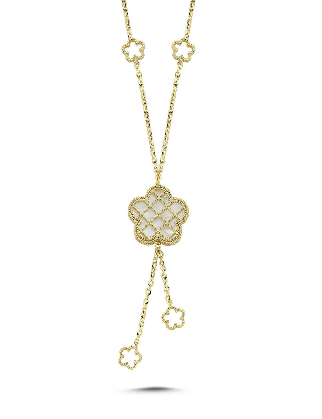 Reversible Pink White Floral Drop Gold Necklace