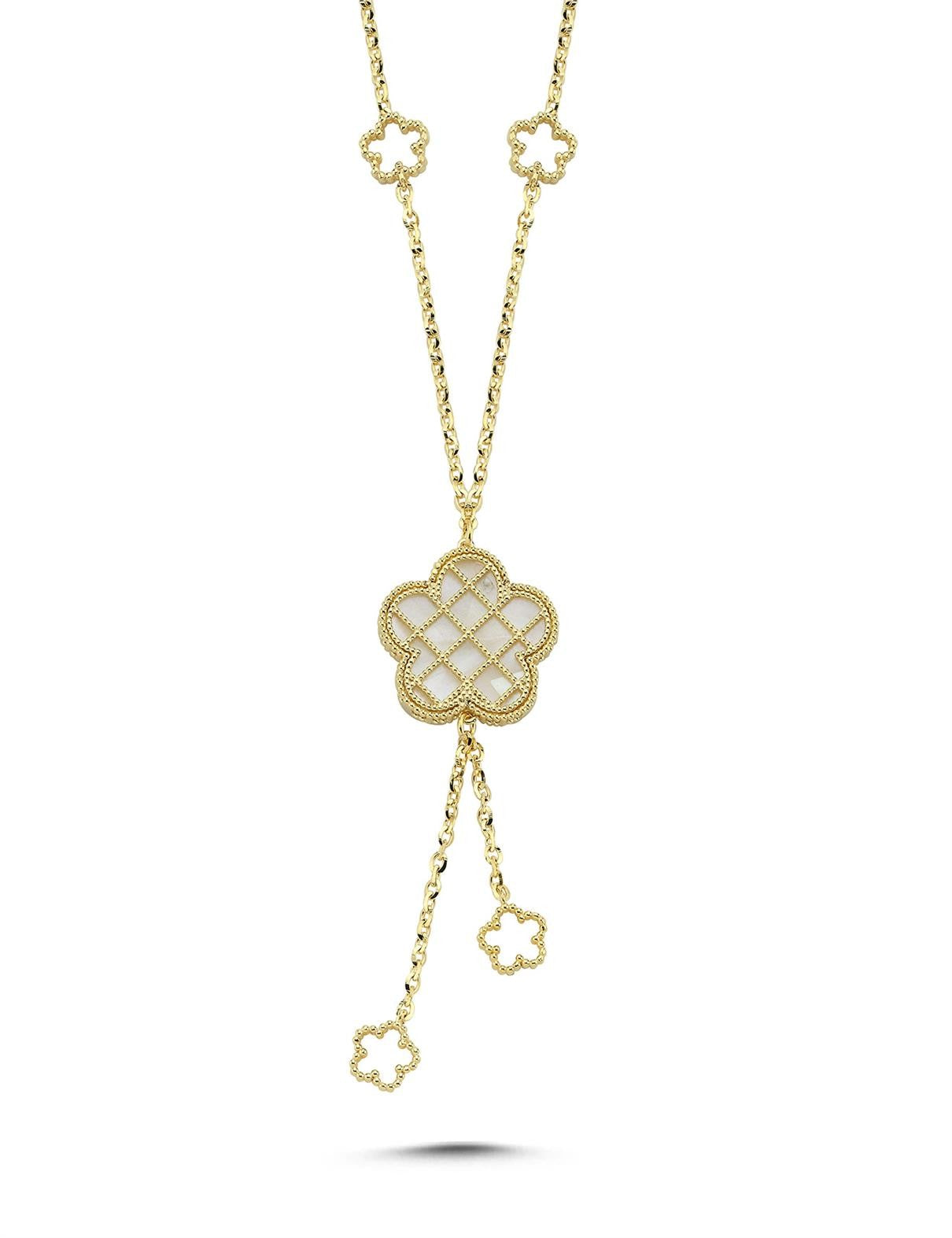 Reversible Pink White Floral Drop Gold Necklace