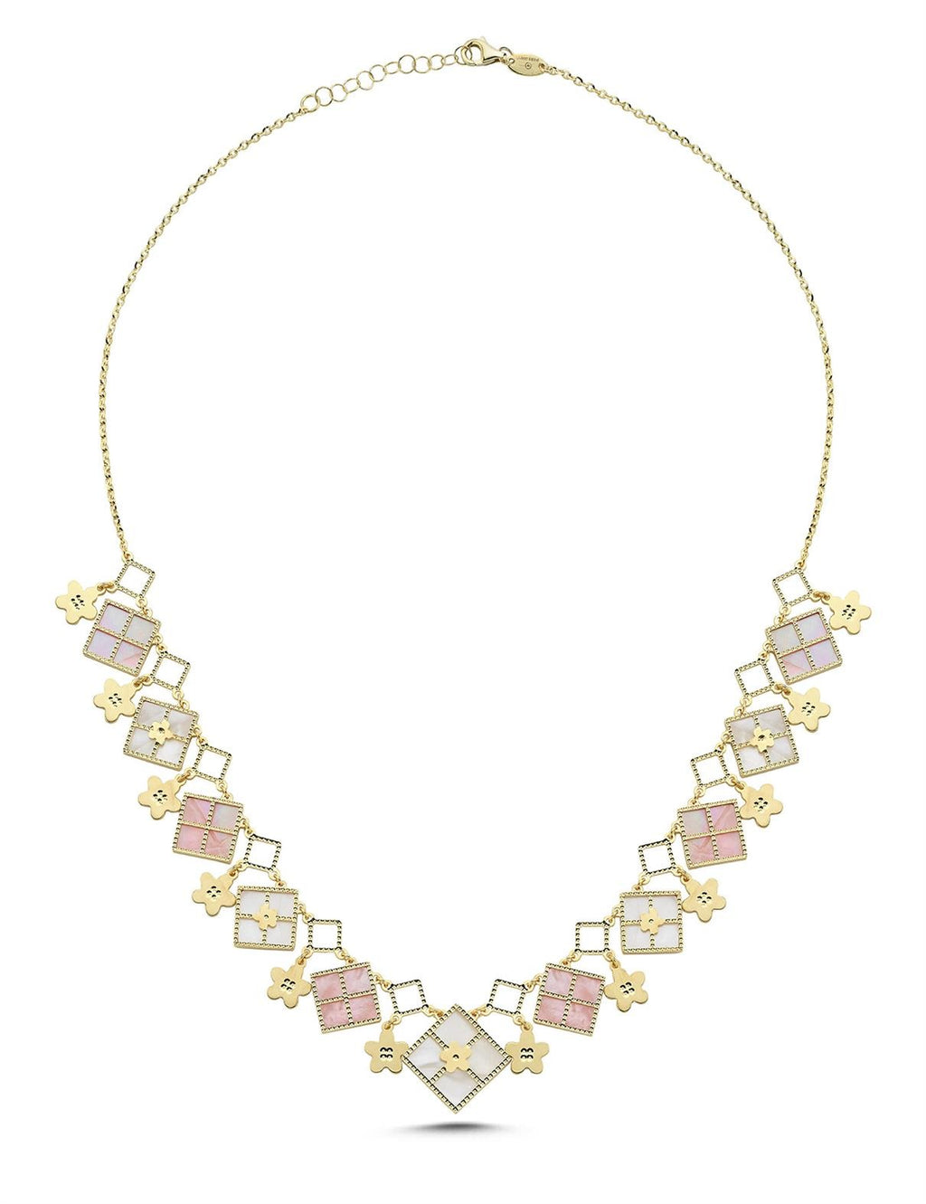 White Pink Mother-of-Pearl Rectangular Shape Italian Gold Necklace