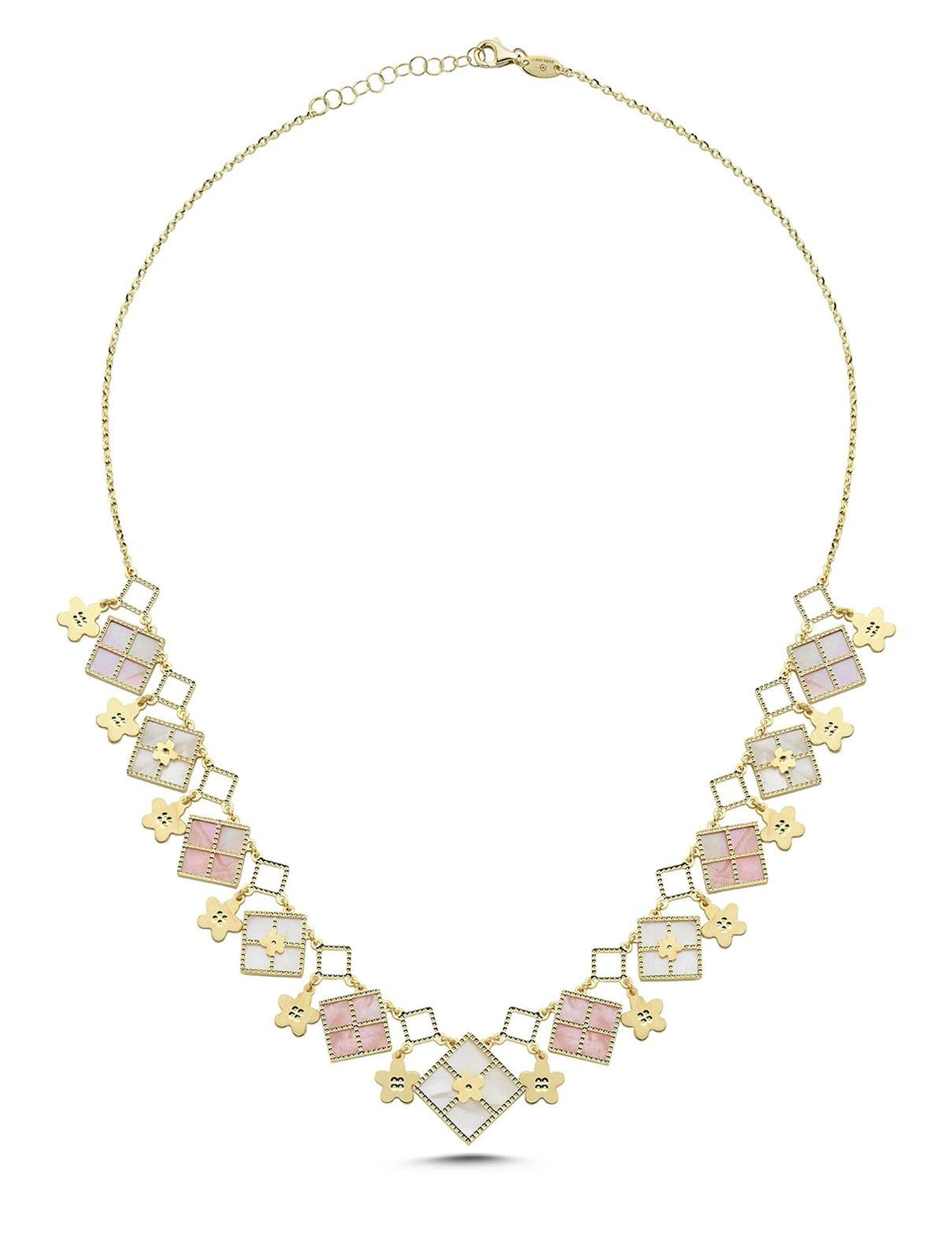 White Pink Mother-of-Pearl Rectangular Shape Italian Gold Necklace