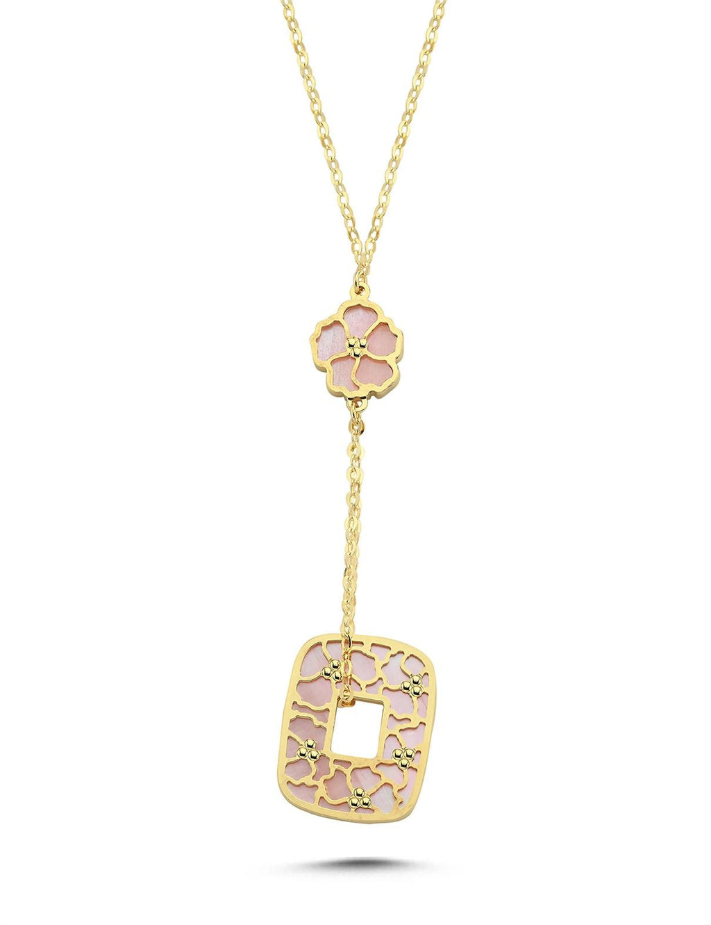Reversible Pink White Mother-of-Pearl Floral Drop Gold Necklace
