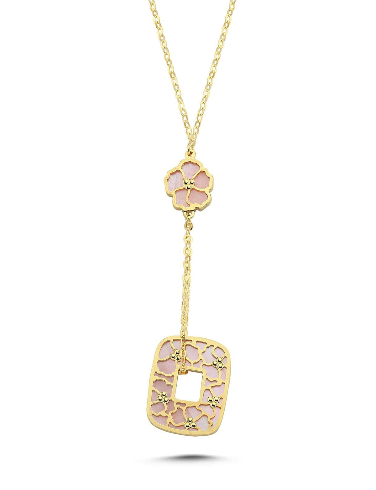 Reversible Pink White Mother-of-Pearl Floral Drop Gold Necklace