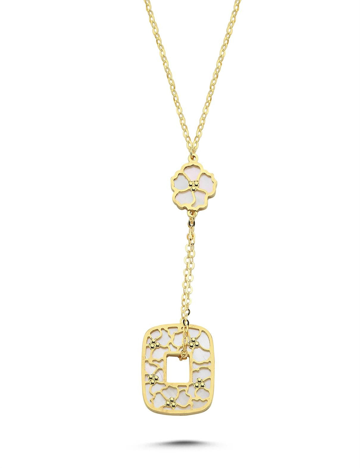 Reversible Pink White Mother-of-Pearl Floral Drop Gold Necklace