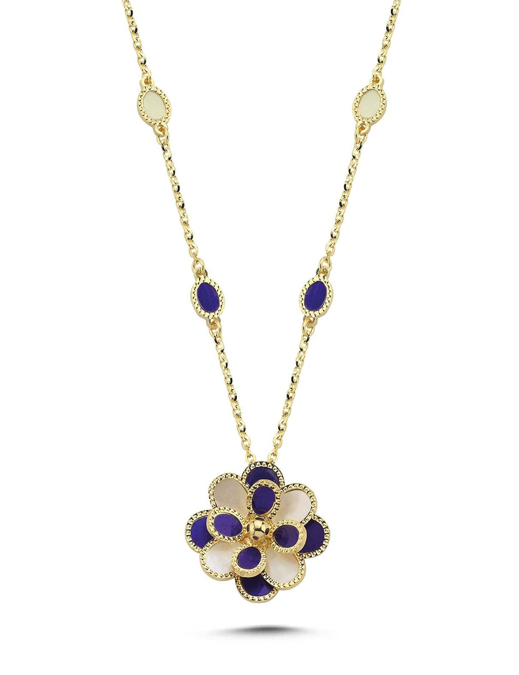 Blue White Mother-of-Pearl Reelist Floral Italian Gold Necklace