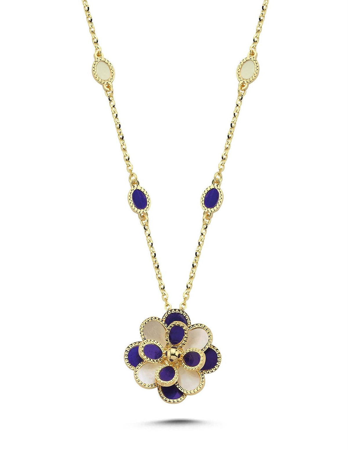 Blue White Mother-of-Pearl Reelist Floral Italian Gold Necklace