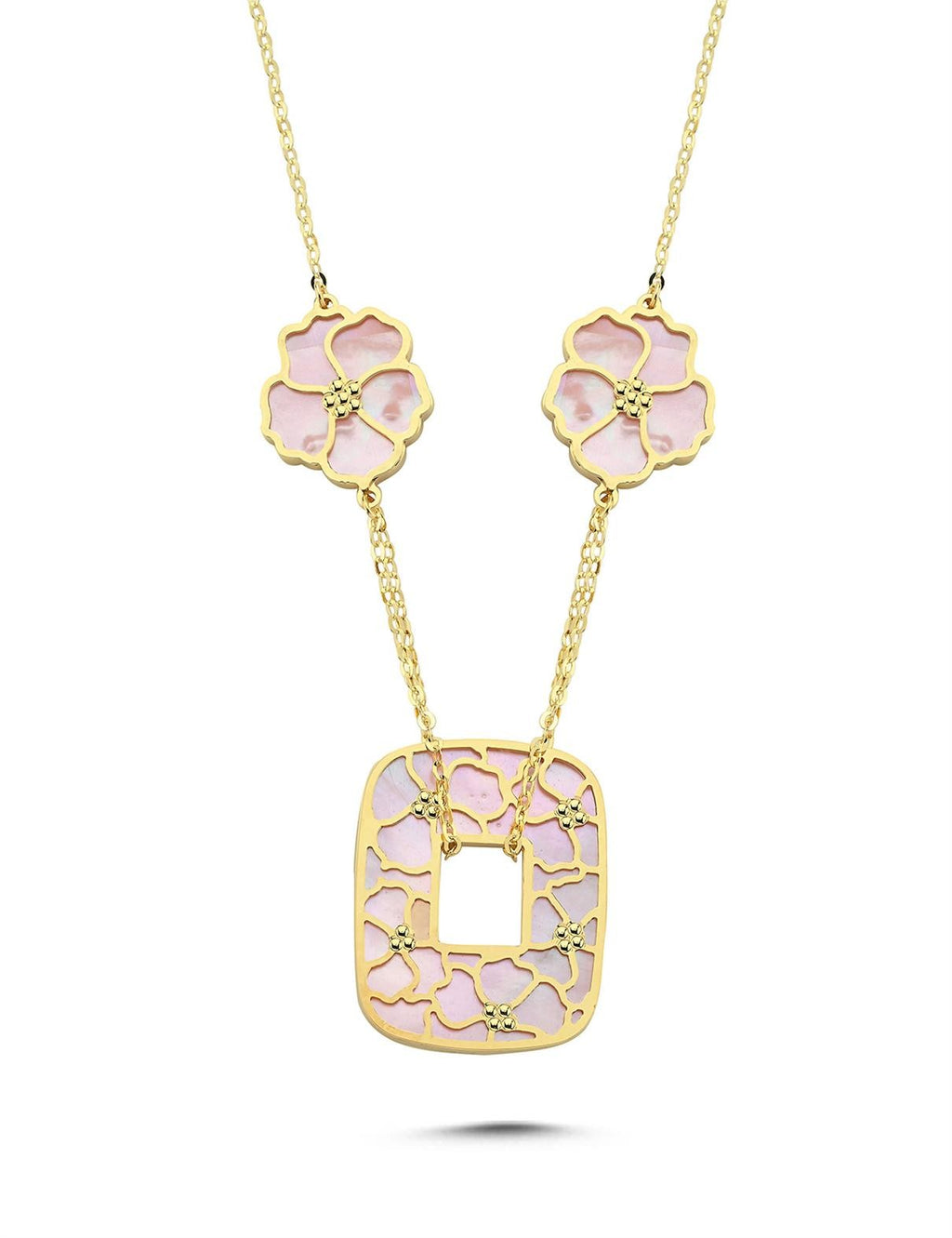 Reversible White Pink Floral Geometric Gold Necklace