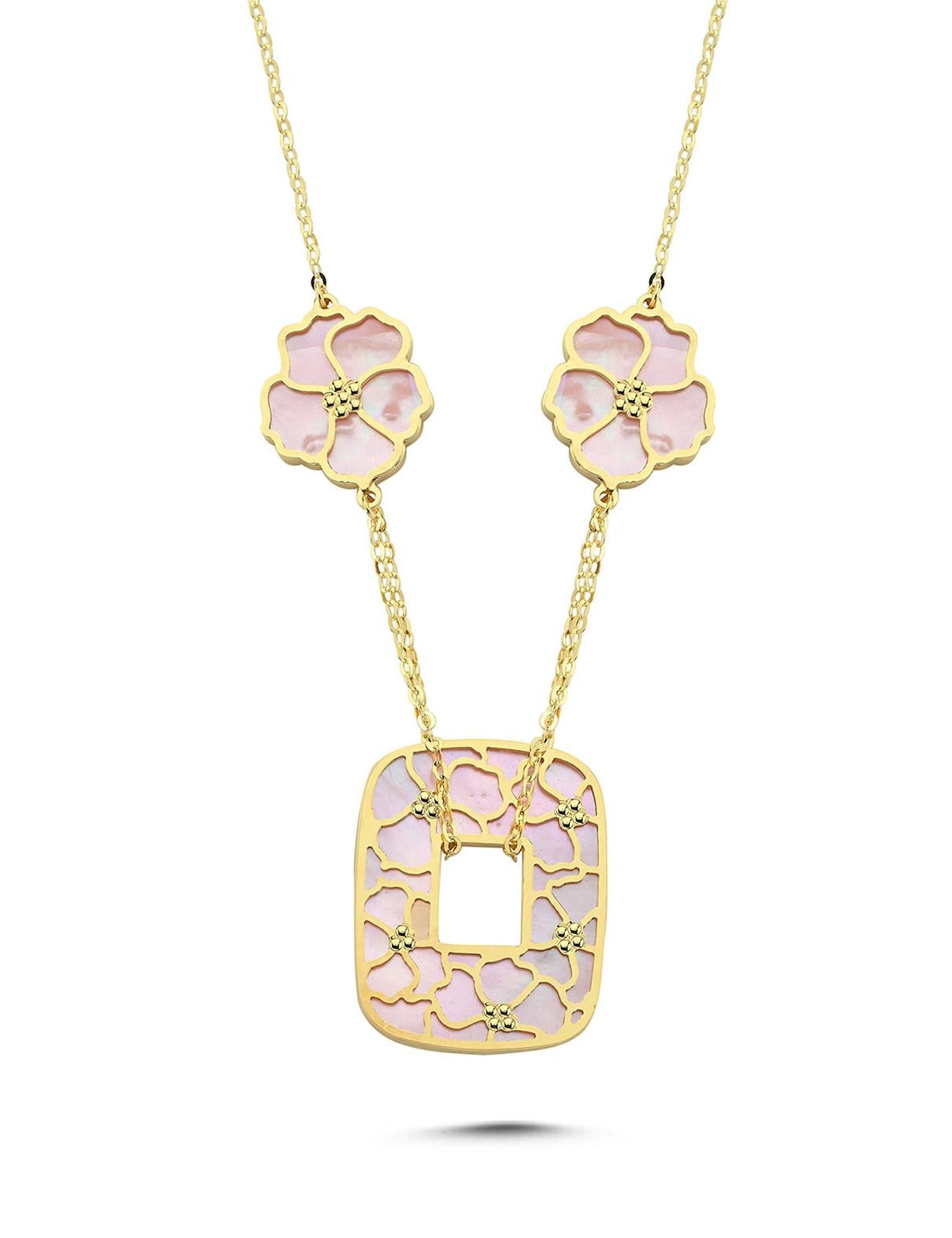 Reversible White Pink Floral Geometric Gold Necklace