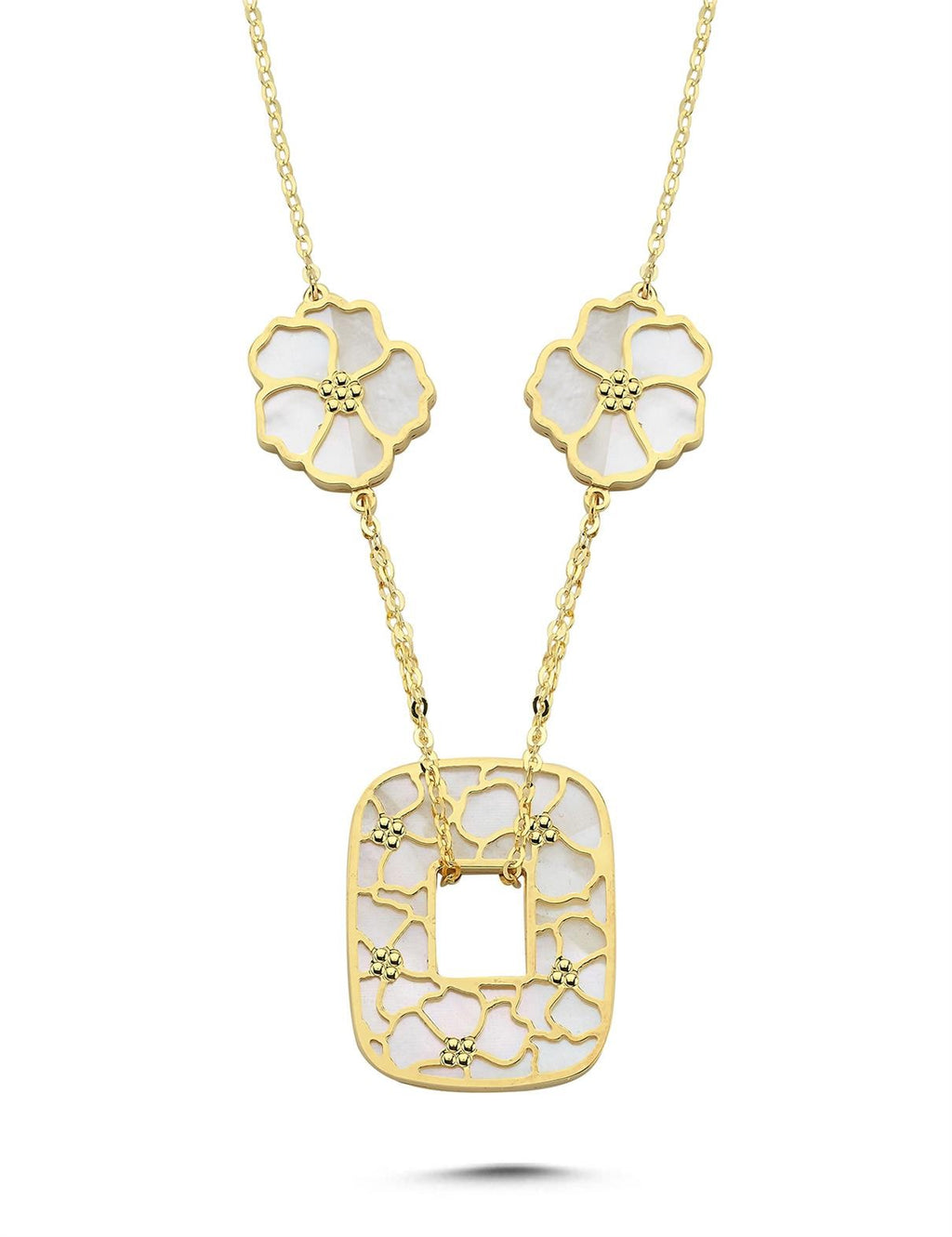 Reversible White Pink Floral Geometric Gold Necklace