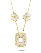 Reversible White Pink Floral Geometric Gold Necklace