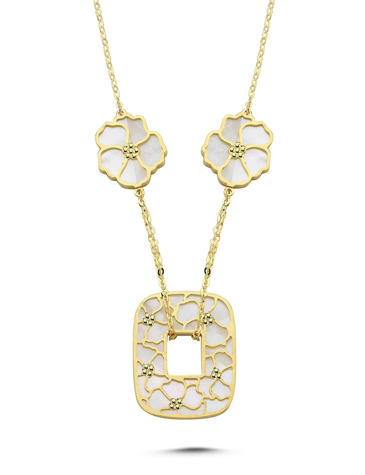 Reversible White Pink Floral Geometric Gold Necklace