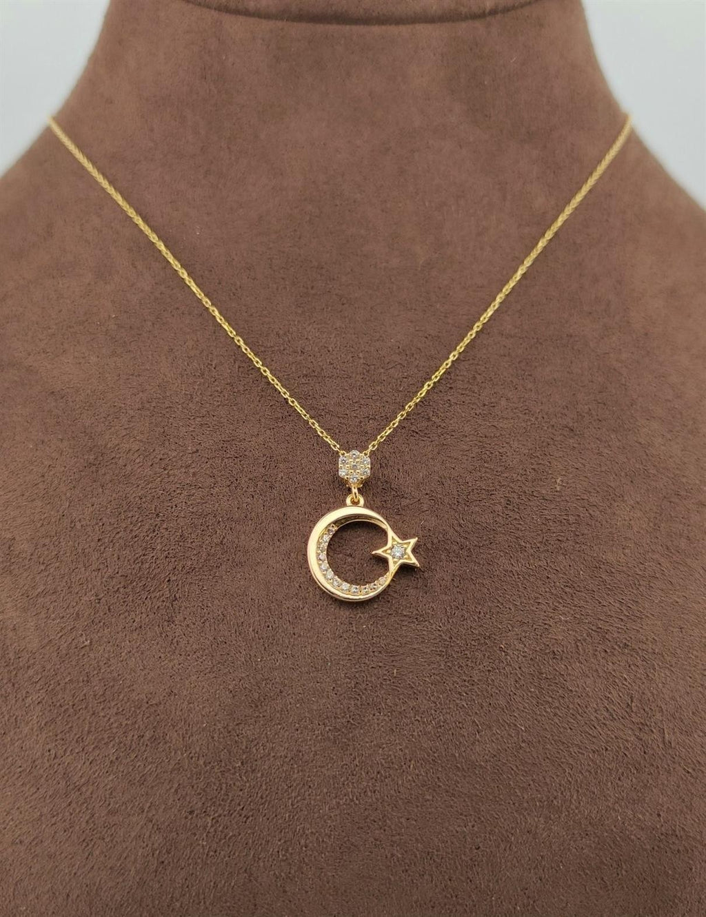 8K Stone-Set Crescent & Star Gold Necklace